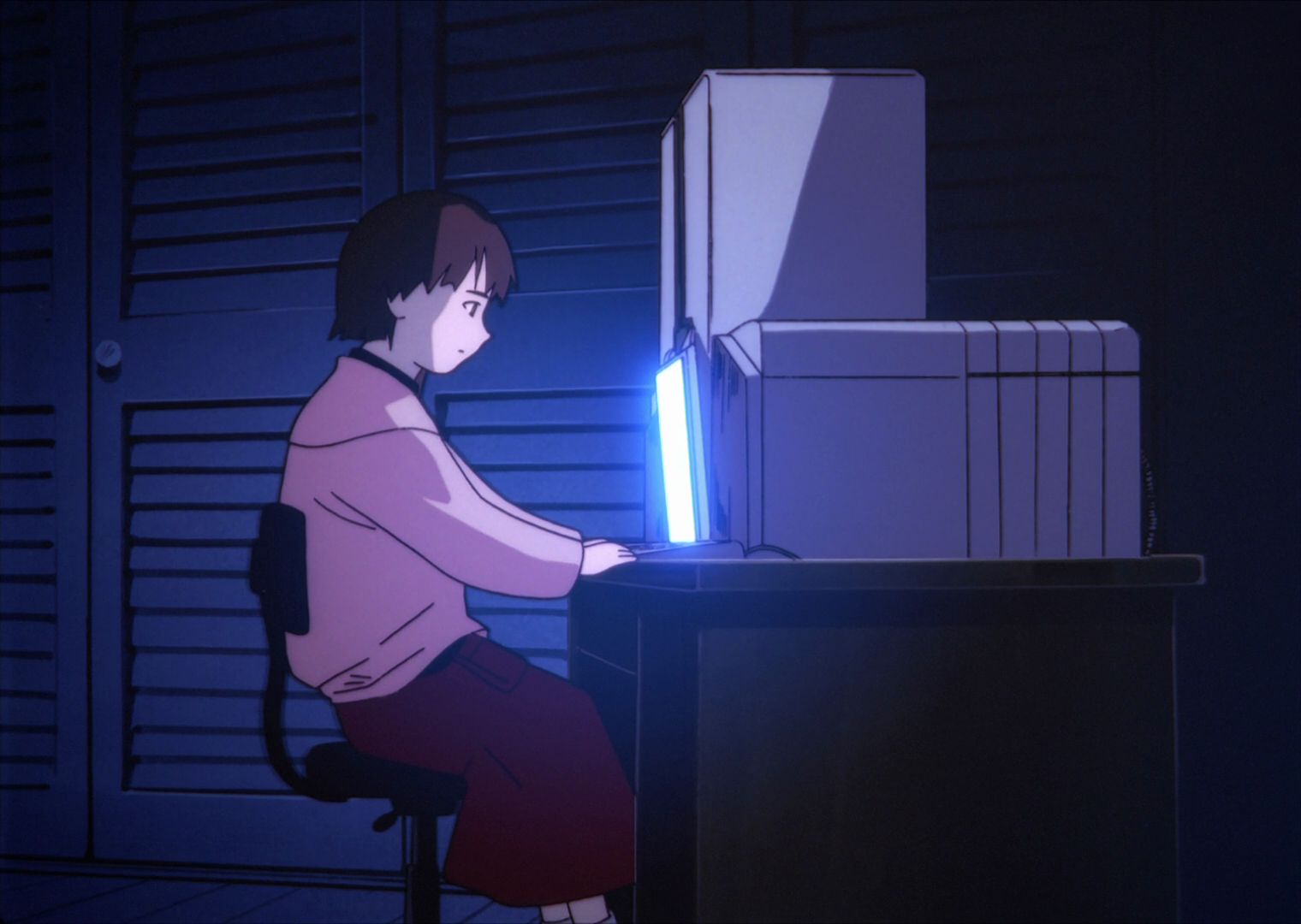 Lain sits at her desk, logging out of her Navi. The space around her is relatively uncluttered. Lain is wearing the same outfit as before.