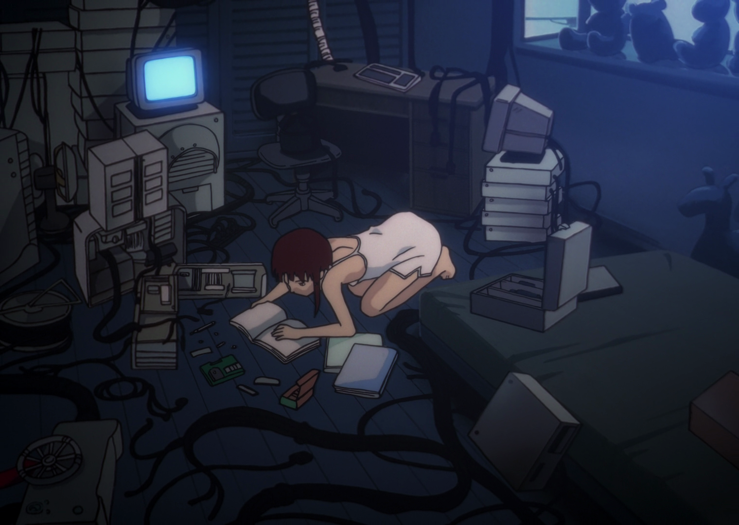 Lain is bent forward on her knees, studying documentation. There are several more electronic components around her than before, with some in the process of being opened and upgraded. Several feet of cables sprawl across the floor. Lain is wearing a plain white dress with thin straps.