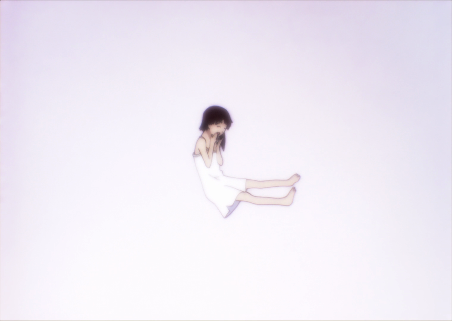 Wearing the same dress, Lain floats in a white void, her legs kicked out. She is giggling, happy to be in this desolate environment.