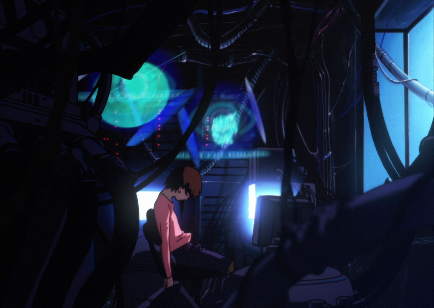 In a room cluttered with even more electronic components, including holographic displays and extremely thick cabling and watercooling. Lain is slouched forward while laying back in her chair, her head facing the ground with her eyes closed. She is wearing a pink shit with a dark blue skirt.