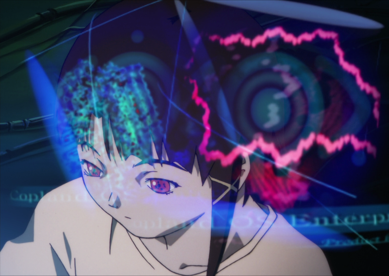 From behind a holographic display, Lain is logged onto her Navi, watching her display intently. The irises of her eyes appear red. She is wearing a white sweater.