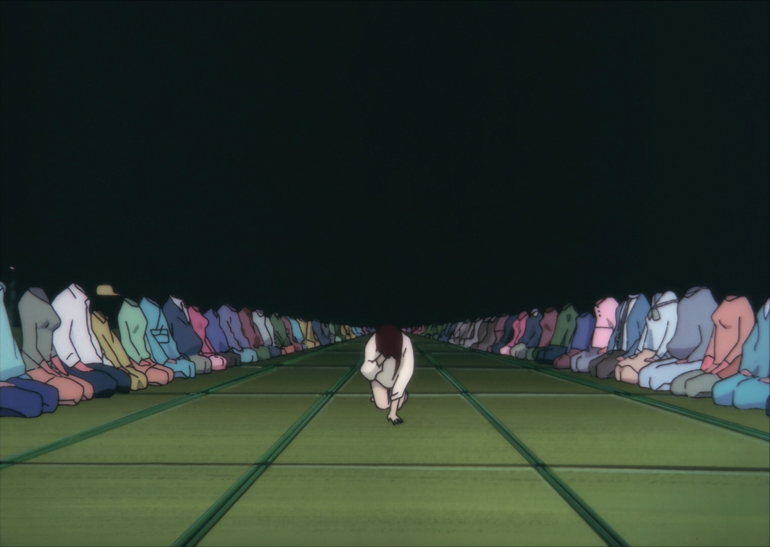 Kneeling on the ground, clearly upset, Lain is confronted by two rows of headless people on both sides of her